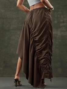 Denimoi Asymmetrical Hem Adjustable Drawstring Skirt Fashionable Streetwear - Coffee Brown - View 11