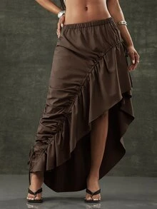 Denimoi Asymmetrical Hem Adjustable Drawstring Skirt Fashionable Streetwear - Coffee Brown - View 9