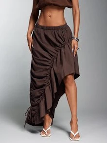 Denimoi Asymmetrical Hem Adjustable Drawstring Skirt Fashionable Streetwear - Coffee Brown - View 2