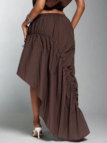 Denimoi Asymmetrical Hem Adjustable Drawstring Skirt Fashionable Streetwear - Coffee Brown - View 5