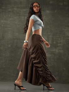 Denimoi Asymmetrical Hem Adjustable Drawstring Skirt Fashionable Streetwear - Coffee Brown - View 8