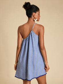 Travachic Women's One Shoulder Striped Mini Dress - Blue and White - View 2