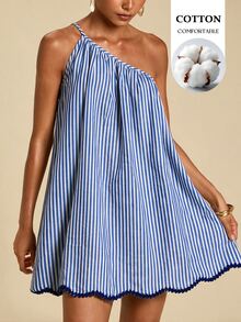 Travachic Women's One Shoulder Striped Mini Dress - Blue and White - View 1