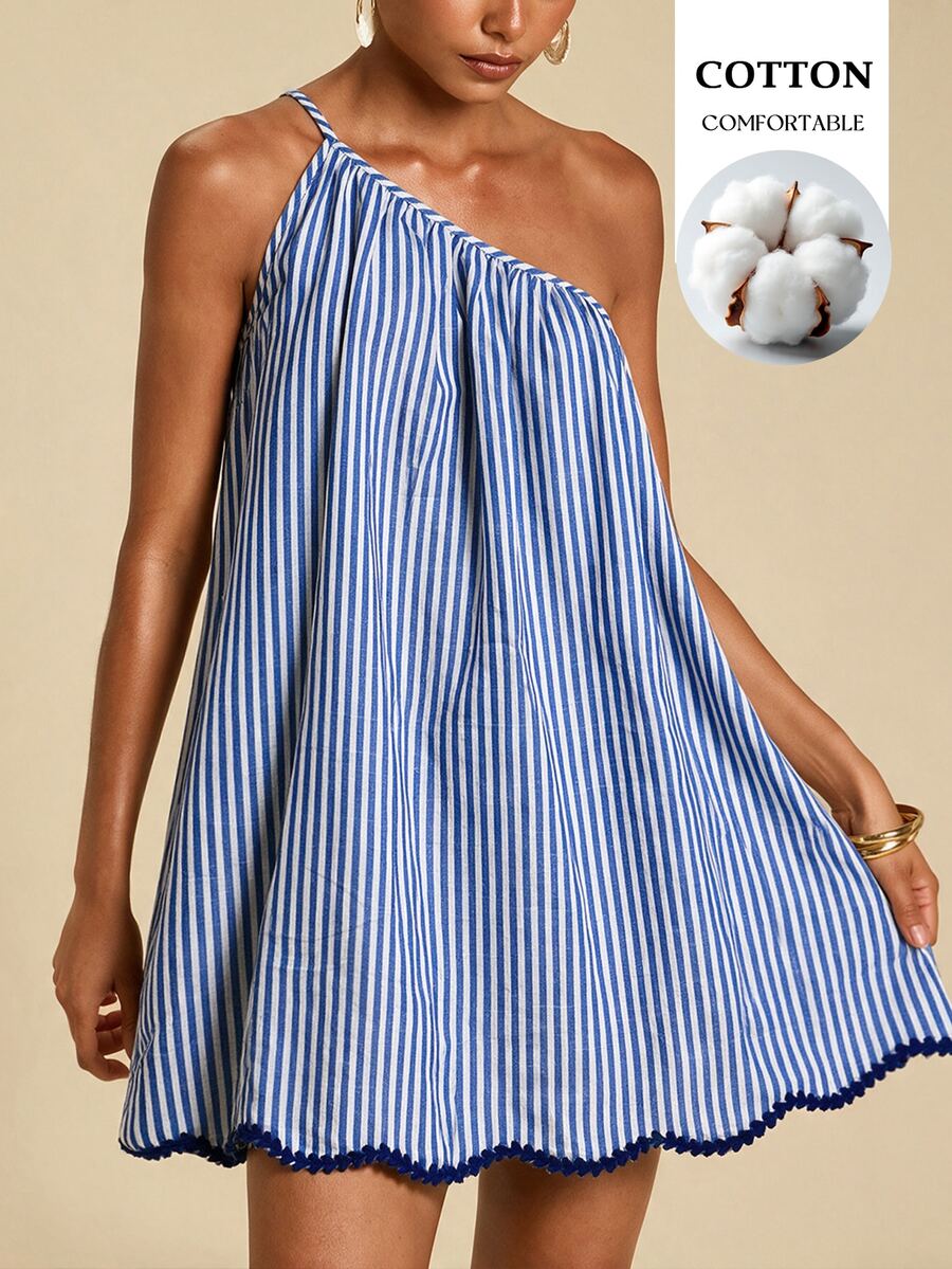 Travachic Women's One Shoulder Striped Mini Dress - Blue and White - View 1