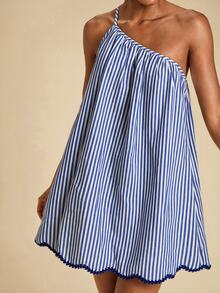 Travachic Women's One Shoulder Striped Mini Dress - Blue and White - View 8