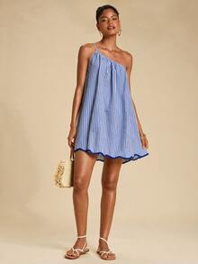 Travachic Women's One Shoulder Striped Mini Dress - Blue and White - View 6