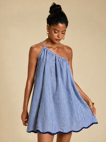 Travachic Women's One Shoulder Striped Mini Dress - Blue and White - View 4