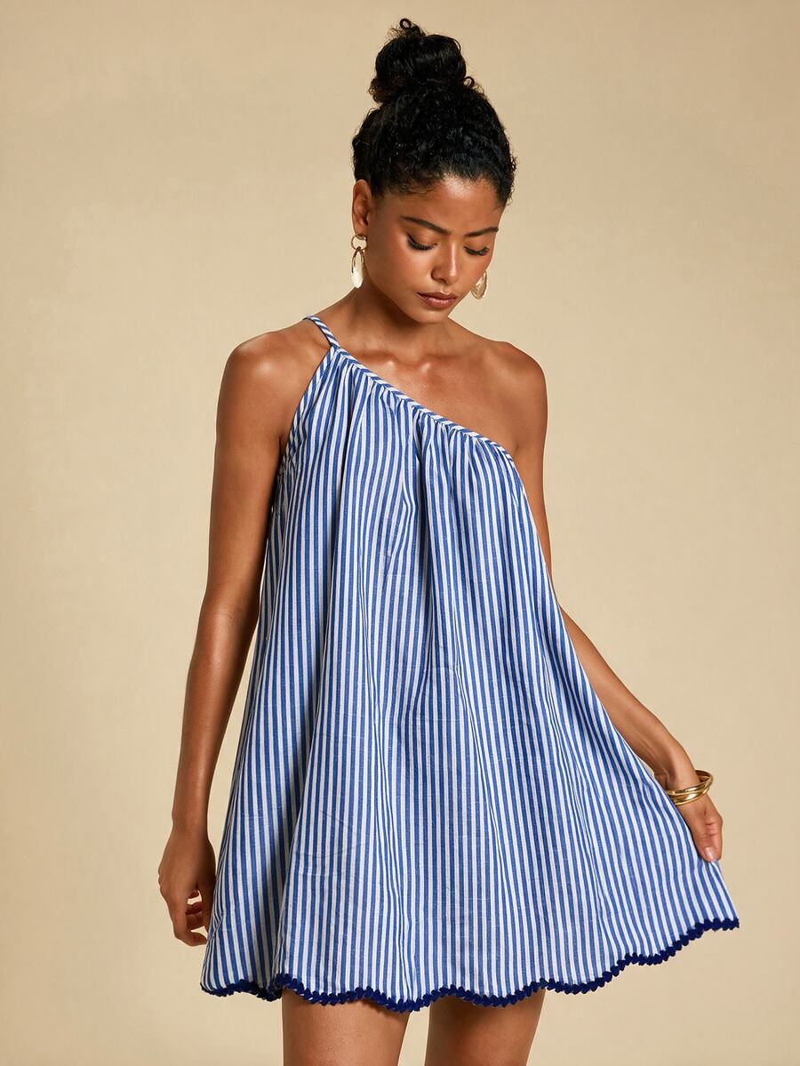 Travachic Women's One Shoulder Blue White Stripe Mini Dress Beach Vacation Summer Casual Tropical - Blue and White - View 1