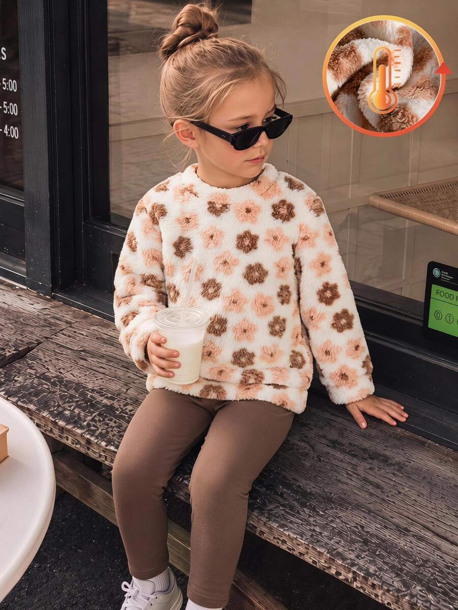 SHEIN Vintaside Kids Younggirl 兩件套,毛絨圓領長袖上衣搭配棕色內搭褲,7歲生日秋季嬰兒裝 - 棕色 - 查看 1