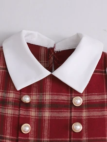 SHEIN Elladie kids 女童百褶分層式優雅洋裝，皇家紅小領雙排扣百褶下擺洋裝，26新款秋冬款，適合假期穿著 - 棕色 - 查看 3