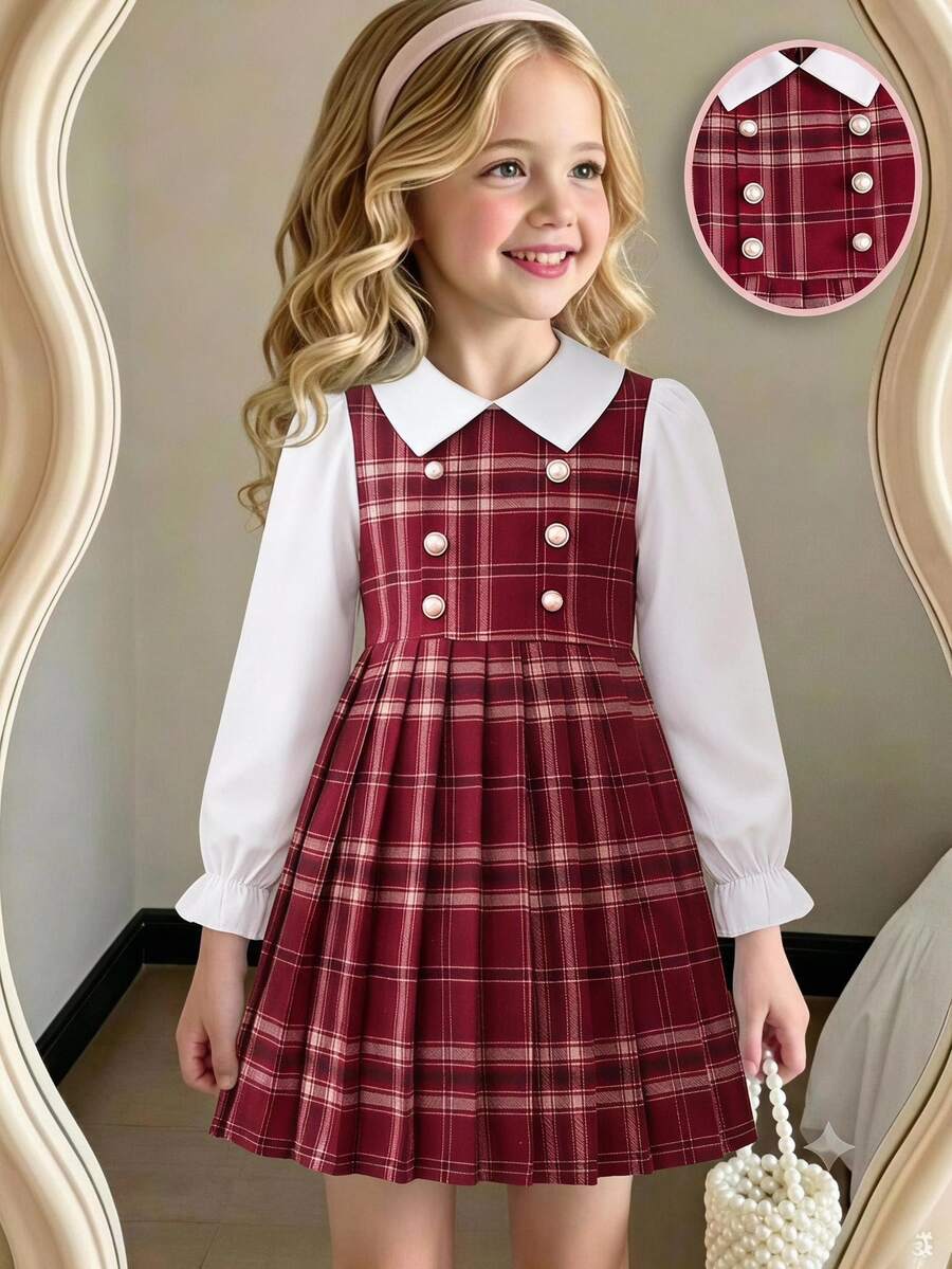 SHEIN Elladie kids 女童百褶分層式優雅洋裝,皇家紅小領雙排扣百褶下擺洋裝,26新款秋冬款,適合假期穿著 - 棕色 - 查看 1