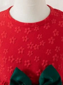 Glamorique Kids Gaun Putri untuk Anak Perempuan Musim Gugur/Dingin Kembali ke Sekolah, Leher Bulat, Lengan Bergelombang, Lengan Panjang Berkerut, Motif Jacquard Merah, Pinggang Hijau, Patchwork Satin, dan Pita. - MultiWarna - View 6