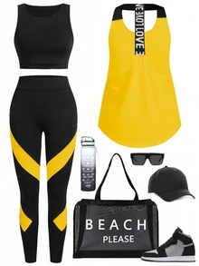 Easithlete Easithlete Women Printed Color Block Sports Set, Athletic Workout Gym Clothes - Yellow - View 4