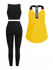 Easithlete Easithlete Women Printed Color Block Sports Set, Athletic Workout Gym Clothes - Yellow - View 5