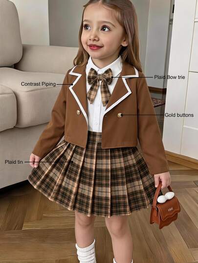 Souflis Souflis Girls' Classic Academy Style Blazer With Decorative Trim Collar And Plaid Pleated Skirt Bow Set Autumn Winter Birthday Nursing White Orange