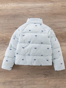SHEIN 女童休閒甜美風蝴蝶結白色雙條紋寬鬆版型棉墊外套，適合冬季日常通勤 - 淺藍色 - 查看 3