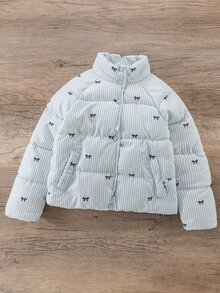 SHEIN 女童休閒甜美風蝴蝶結白色雙條紋寬鬆版型棉墊外套，適合冬季日常通勤 - 淺藍色 - 查看 7