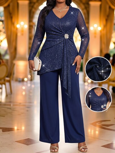 Fleurora Plus Size Fashion Party Dinner Cocktail Formal Foil Print Top Pants 2 Pieces Set Wedding Navy Blue Summer Elegant Casual Wedding