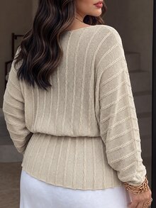 Juhart Oatmeal Color Square Neck Drawstring Knit Sweater . Vertical Striped Ribbed . Slightly Sheer Slouchy . Commute & Date Two-Way Wear Plus Size Pullover - Apricot - View 4