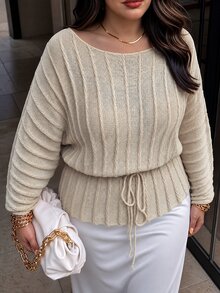 Juhart Oatmeal Color Square Neck Drawstring Knit Sweater . Vertical Striped Ribbed . Slightly Sheer Slouchy . Commute & Date Two-Way Wear Plus Size Pullover - Apricot - View 5