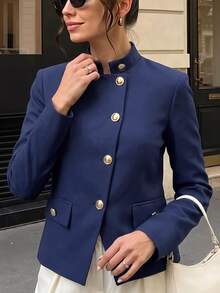 SHEIN Women's Stand Collar Metal Asymmetric Button Short Blazer Jacket, Asymmetric Front Closure, Casual Commute Outerwear - Navy Blue - View 6