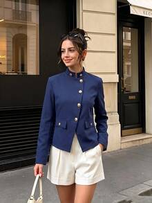SHEIN Women's Stand Collar Metal Asymmetric Button Short Blazer Jacket, Asymmetric Front Closure, Casual Commute Outerwear - Navy Blue - View 7