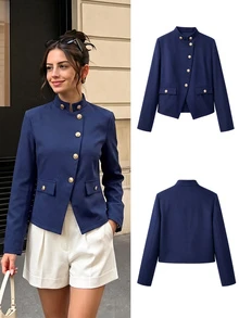 SHEIN Women's Stand Collar Metal Asymmetric Button Short Blazer Jacket, Asymmetric Front Closure, Casual Commute Outerwear - Navy Blue - View 4