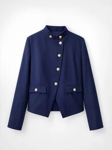 SHEIN Women's Stand Collar Metal Asymmetric Button Short Blazer Jacket, Asymmetric Front Closure, Casual Commute Outerwear - Navy Blue - View 8