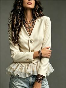 SHEIN Women's Versatile Metal Button Long Sleeve Mesh Patchwork Jacket - Apricot - View 3