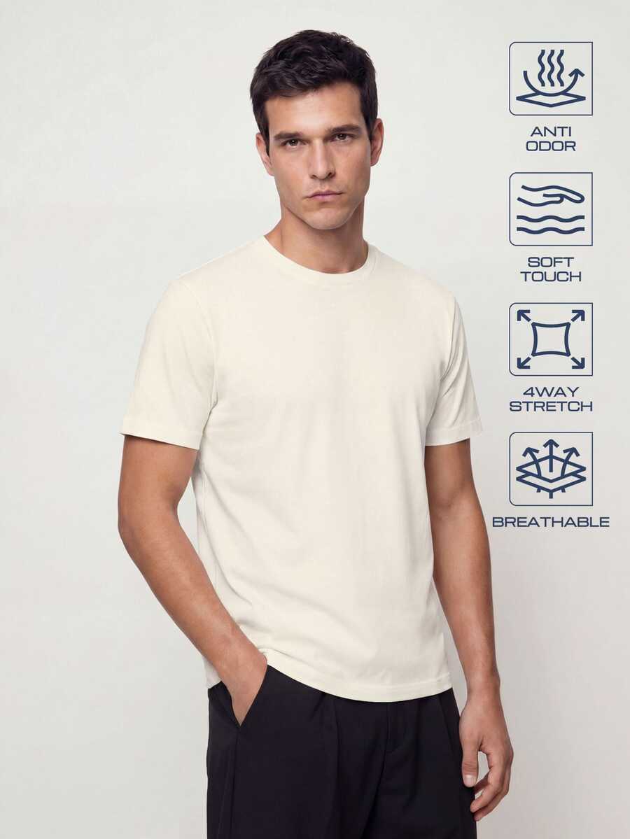 TekDrob Anti-Odor Regular T-Shirt With Crew Neck - Beige - View 1