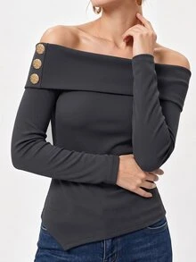 SHEIN Women's Commuter Brunch Going Out Cold Shoulder Ribbed Long Sleeve T-Shirt With Metal Button Decoration Dark Grey N Autumn French Elegant Sexy Casual - Grey - View 8