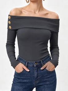 SHEIN Women's Commuter Brunch Going Out Cold Shoulder Ribbed Long Sleeve T-Shirt With Metal Button Decoration Dark Grey N Autumn French Elegant Sexy Casual - Grey - View 9