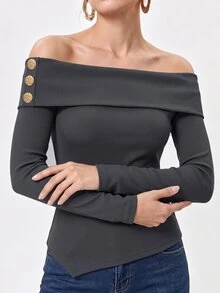 SHEIN Women's Commuter Brunch Going Out Cold Shoulder Ribbed Long Sleeve T-Shirt With Metal Button Decoration Dark Grey N Autumn French Elegant Sexy Casual - Grey - View 10