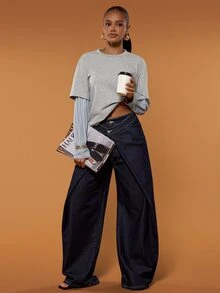 Hauture Women's 2 In 1 Striped Patchwork Long Sleeve T-Shirt, Loose Layered Layering Base Top - Light Grey - View 5