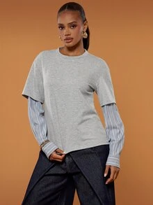 Hauture Women's 2 In 1 Striped Patchwork Long Sleeve T-Shirt, Loose Layered Layering Base Top - Light Grey - View 4