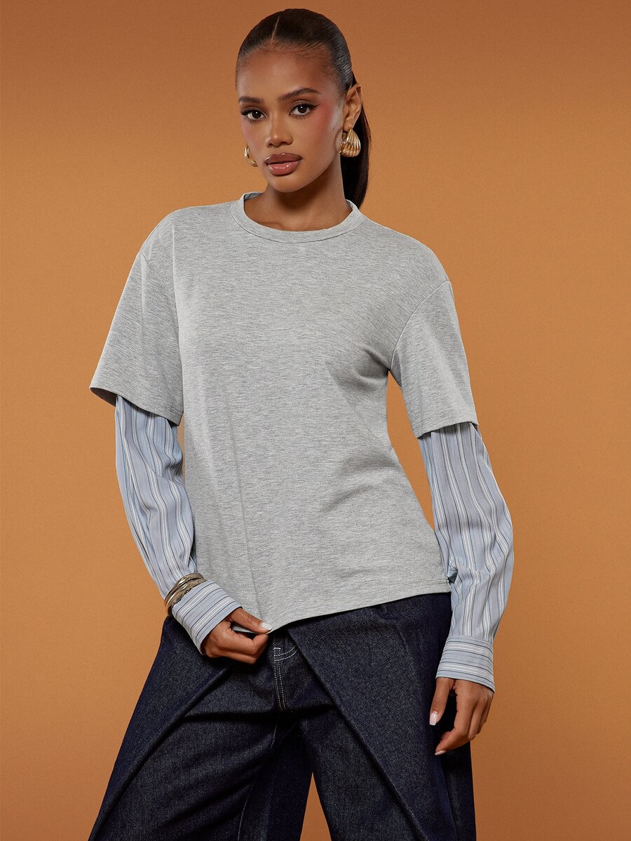 Hauture Women's 2 In 1 Striped Patchwork Long Sleeve T-Shirt, Loose Layered Layering Base Top - Light Grey - View 1