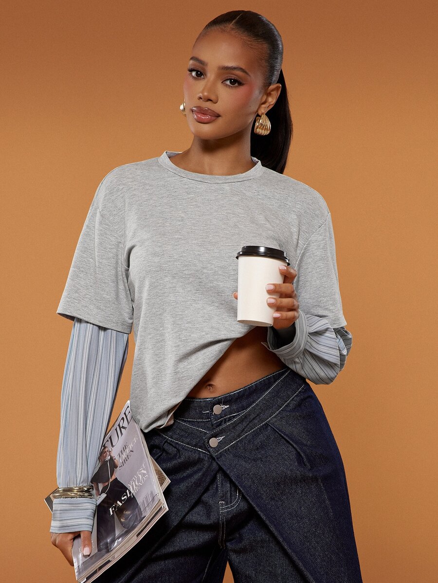 Hauture Women's 2 In 1 Striped Patchwork Long Sleeve T-Shirt, Loose Layered Layering Base Top - Light Grey - View 1