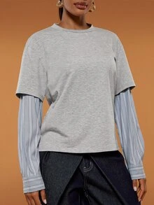 Hauture Women's 2 In 1 Striped Patchwork Long Sleeve T-Shirt, Loose Layered Layering Base Top - Light Grey - View 2