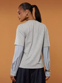 Hauture Women's 2 In 1 Striped Patchwork Long Sleeve T-Shirt, Loose Layered Layering Base Top - Light Grey - View 3