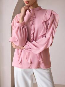 Graceveil Blus sifon tipis berwarna merah muda lembut dengan kerah semi-tinggi, kancing depan, dan lengan lentera berumbai 3D. Blus ini terbuat dari bahan yang sedikit transparan. - Berwarna merah muda - View 4