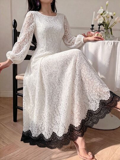 Modelyn Abito elegante in pizzo con blocchi di colore, collo rotondo e maniche lunghe per donne taglie forti