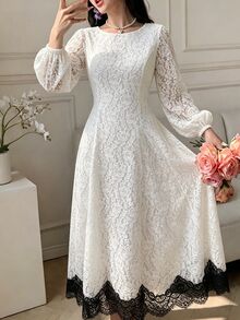 Modelyn Plus Size Women's Colorblock Round Neck Long Sleeve Elegant Lace Dress - White - View 4