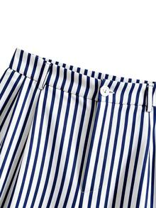 GlowEve CURVE Women's Fashion Elegant Business Casual Elastic Waist Hidden Zipper Wide Leg Blue White Stripe Pants Suitable For Daily Commute Fall Office Formal - Blue - View 4