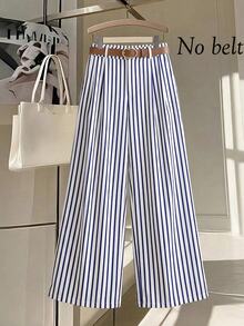 GlowEve CURVE Women's Fashion Elegant Business Casual Elastic Waist Hidden Zipper Wide Leg Blue White Stripe Pants Suitable For Daily Commute Fall Office Formal - Blue - View 5