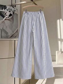 GlowEve CURVE Women's Fashion Elegant Business Casual Elastic Waist Hidden Zipper Wide Leg Blue White Stripe Pants Suitable For Daily Commute Fall Office Formal - Blue - View 2