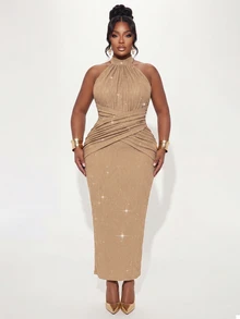 Poshavie Poshavie Gaun Halter Leher Tinggi Ukuran Plus, Gaun Bodycon Tanpa Lengan dengan Detail Silang dan Kerut, Gaun Pesta Malam/Koktail Rajut Berkilau - Khaki - View 5