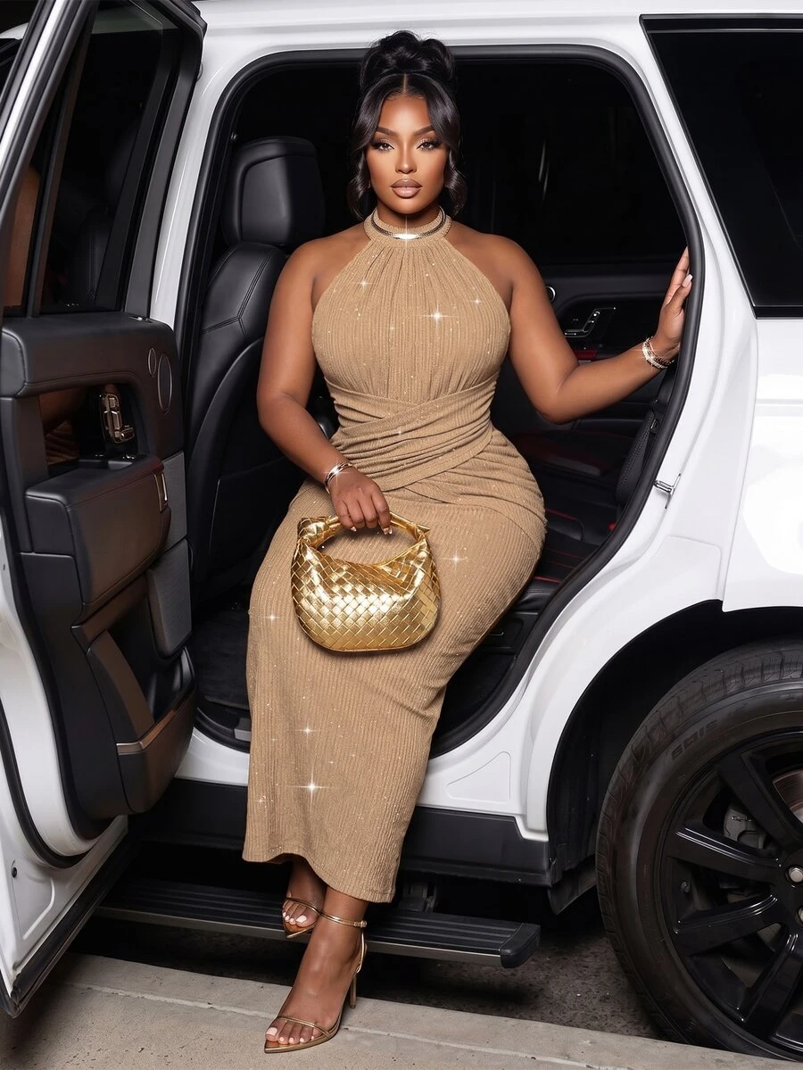 Poshavie Poshavie Gaun Halter Leher Tinggi Ukuran Plus, Gaun Bodycon Tanpa Lengan dengan Detail Silang dan Kerut, Gaun Pesta Malam/Koktail Rajut Berkilau - Khaki - View 1