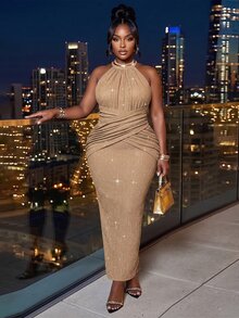Poshavie Poshavie Gaun Halter Leher Tinggi Ukuran Plus, Gaun Bodycon Tanpa Lengan dengan Detail Silang dan Kerut, Gaun Pesta Malam/Koktail Rajut Berkilau - Khaki - View 3