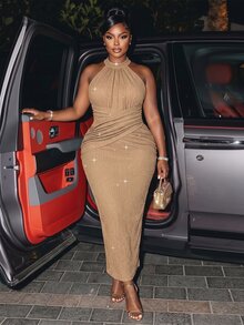Poshavie Poshavie Gaun Halter Leher Tinggi Ukuran Plus, Gaun Bodycon Tanpa Lengan dengan Detail Silang dan Kerut, Gaun Pesta Malam/Koktail Rajut Berkilau - Khaki - View 4