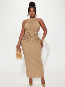 Poshavie Poshavie Gaun Halter Leher Tinggi Ukuran Plus, Gaun Bodycon Tanpa Lengan dengan Detail Silang dan Kerut, Gaun Pesta Malam/Koktail Rajut Berkilau - Khaki - View 6